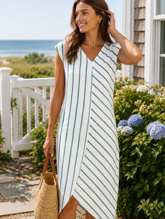 Tahari Dresses & Skirts - TAHARI LINEN BLEND Sleeveless Green Stripe V-Neck Cover-Up Dress
